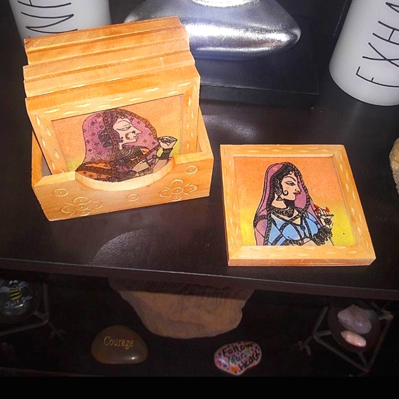 7 Piece Coaster Set Wood Glass Top With Holder Boho Gypsy Goddess RARE - Picture 2 of 9